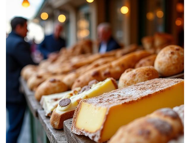 Un étalage coloré de fromages artisanaux et de pains frais dans une petite fromagerie parisienne traditionnelle.