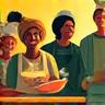 Icône illustrant des personnes souriantes autour d'une table, symbole de convivialité et de partage
